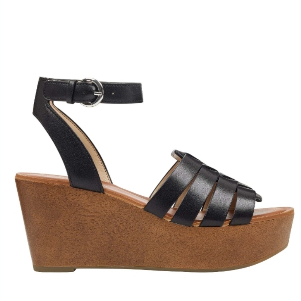 Marc Fisher (Size 8.5) Black Leather Strappy Open Toe Wedge/Platform Sandals
